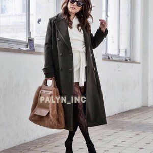 ZARA KHAKI LONG DOUBLE-BREASTED WOOL MILITARY COAT
